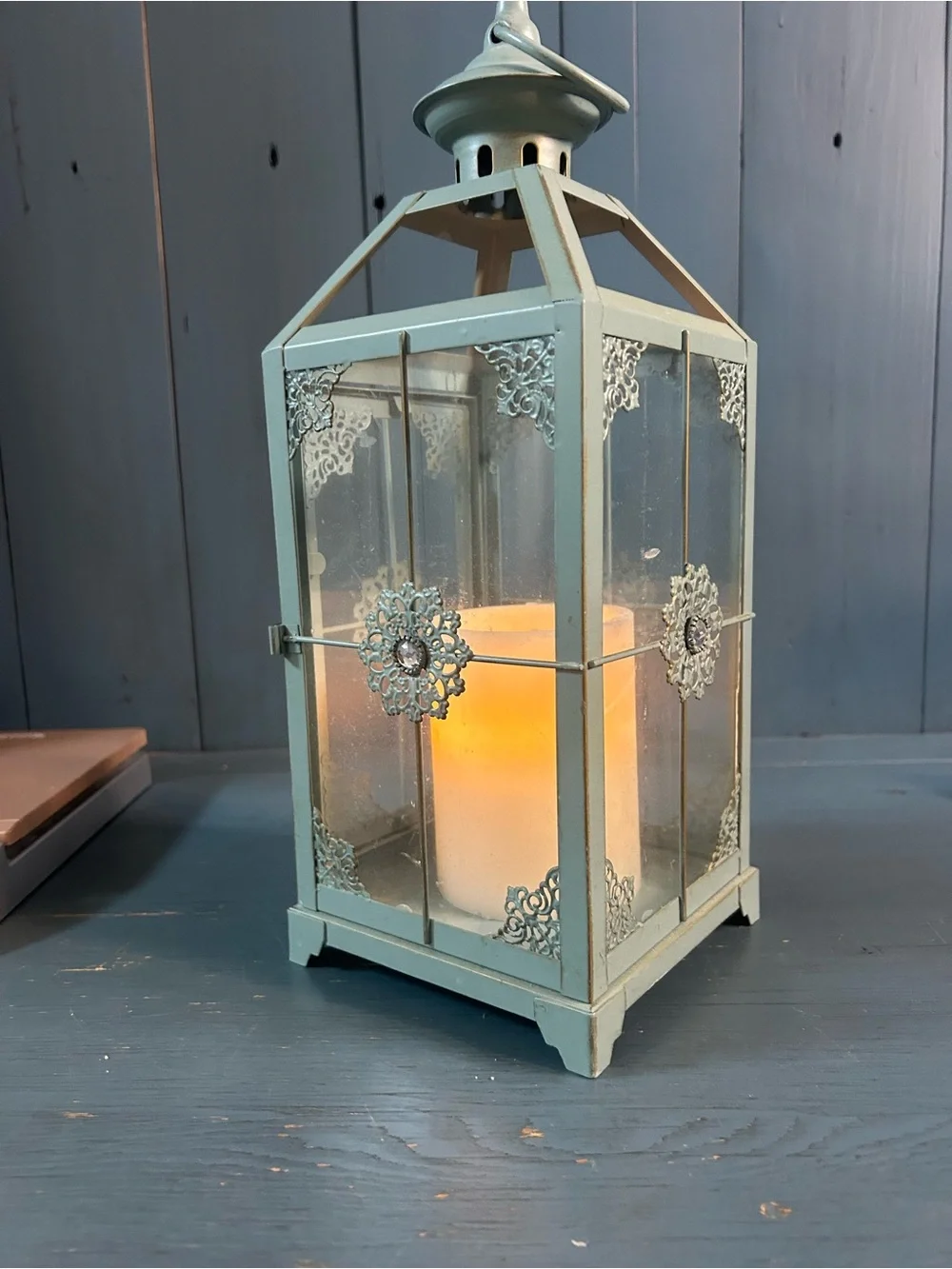 Pier 1 Imports Light Blue Metal Decorative Lantern with Filigree Medallion